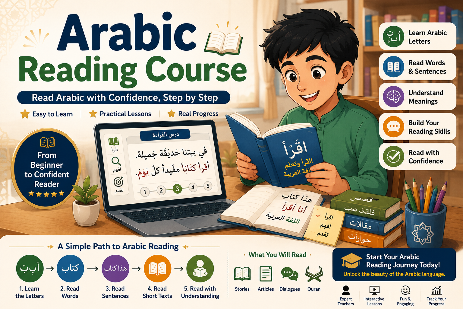 Illustrated Arabic reading course poster used as the article cover.