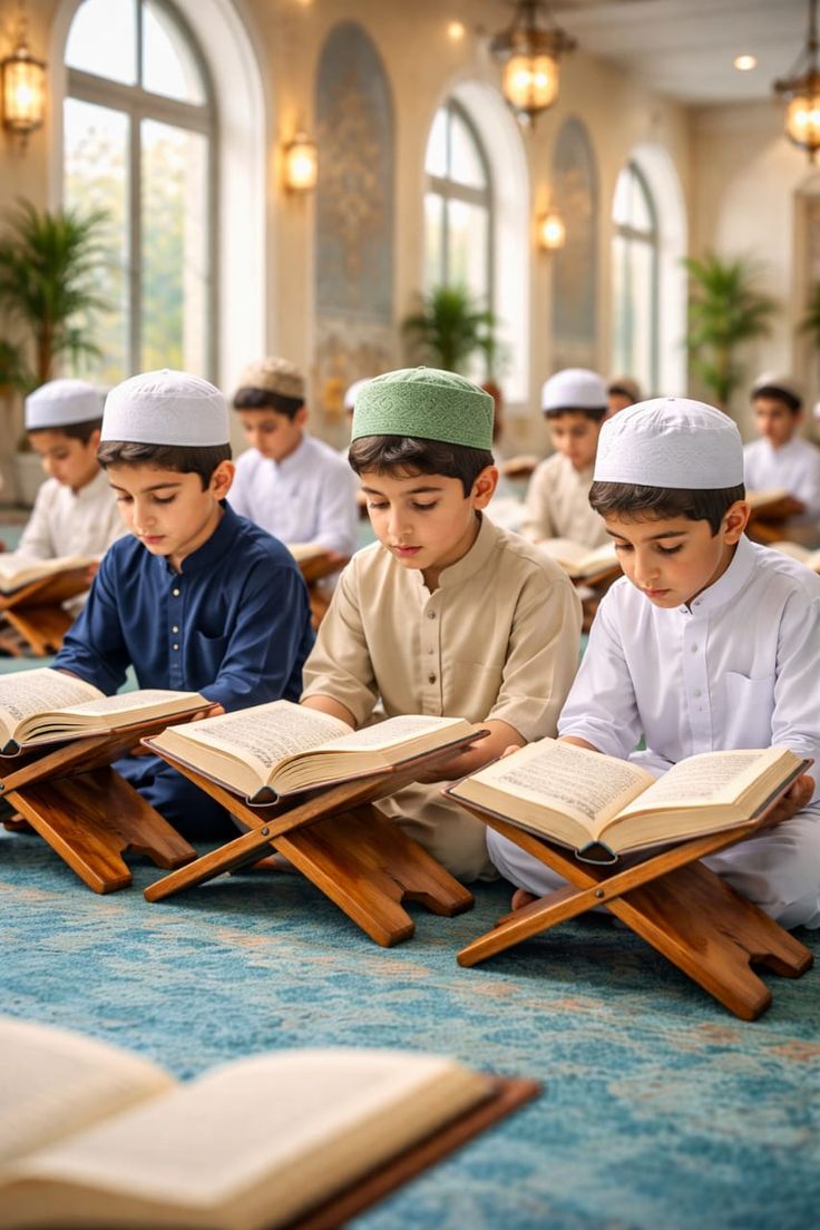 Library shelves filled with books for guided Islamic study.